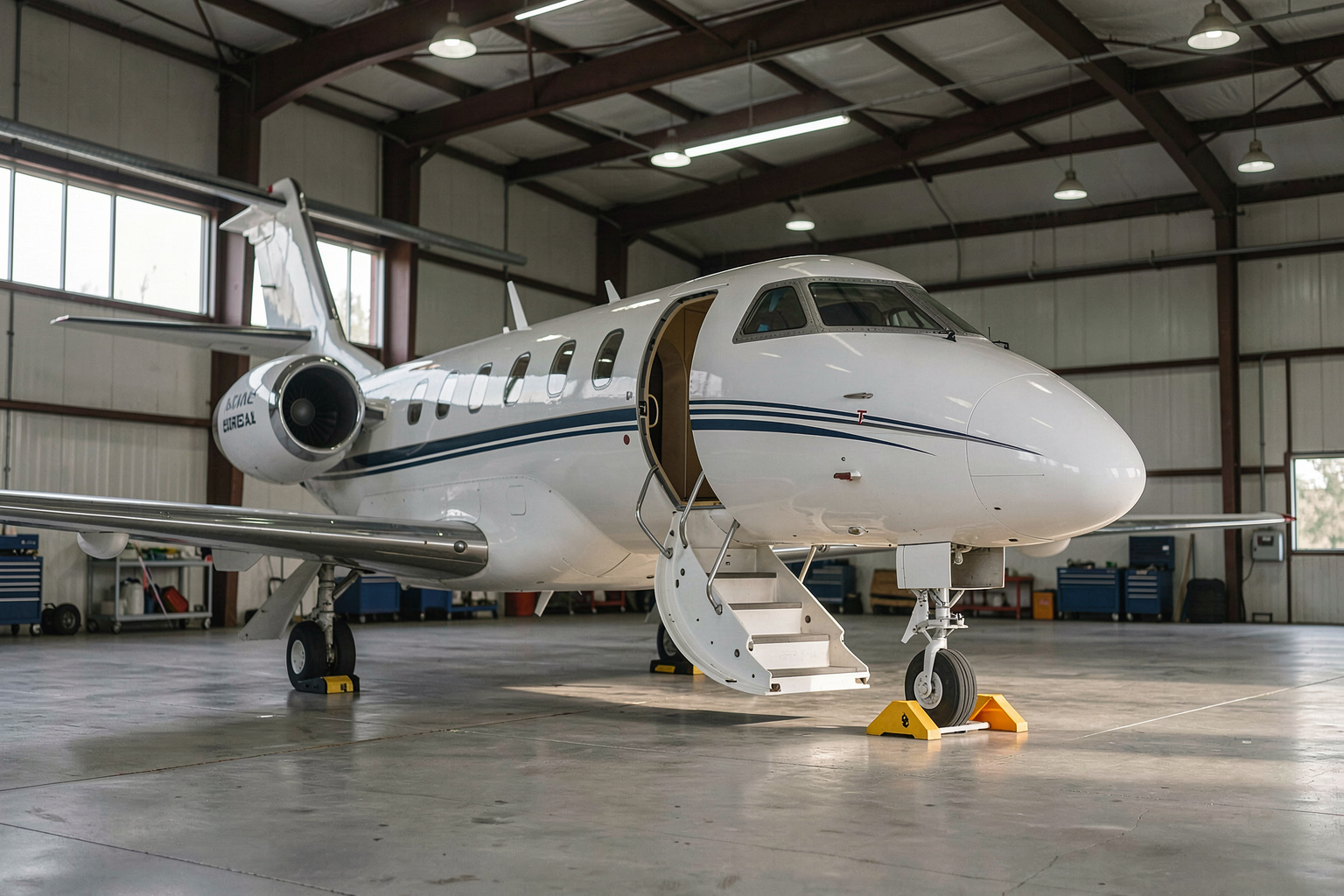 A business jet parked inside a maintenance hangar with its cabin door open and airstair down, a wheel chock under the nose wheel, cool overhead hangar lighting, wide three quarter view from the hangar floor.