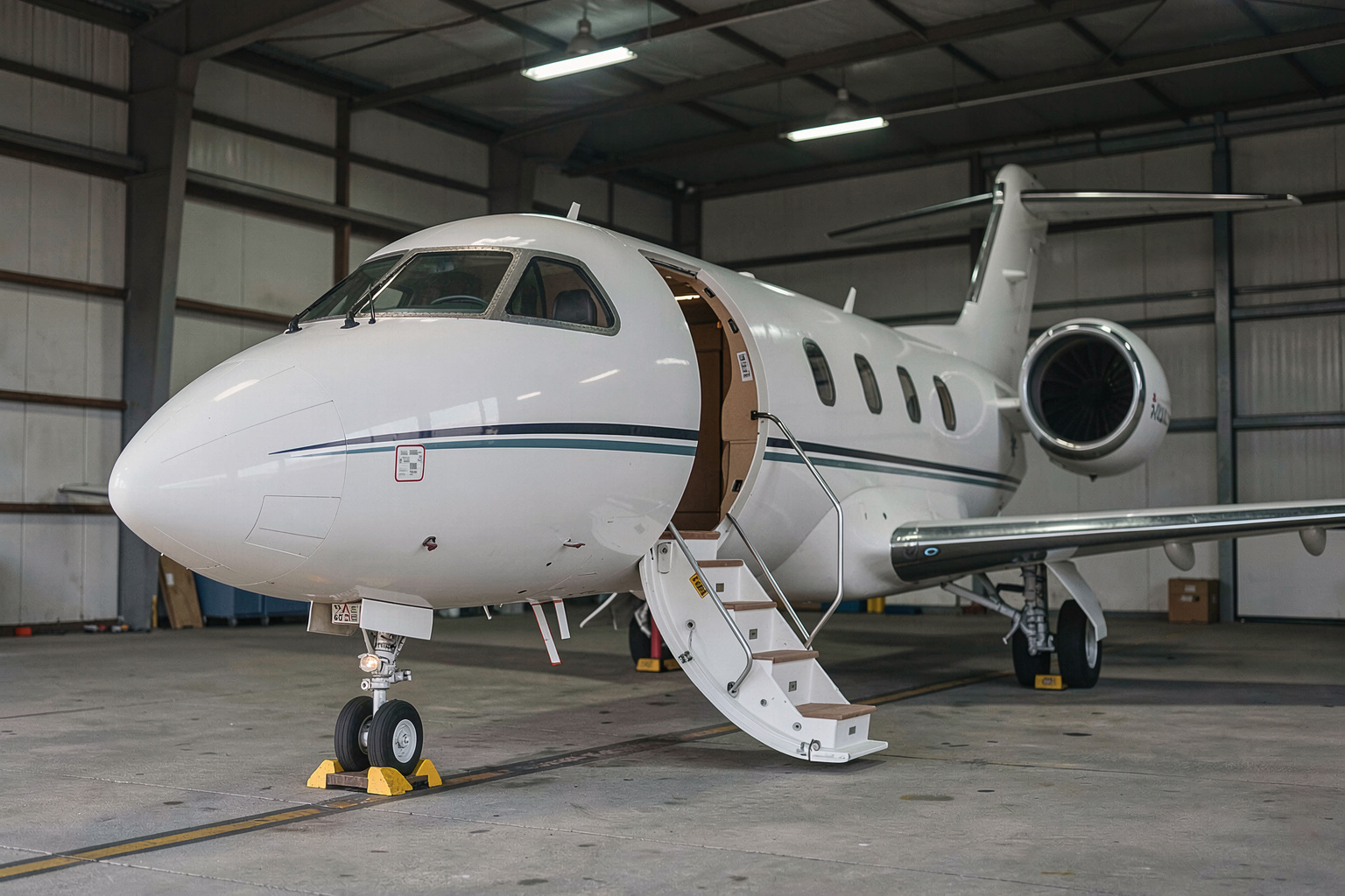 A business jet parked inside a hangar with the cabin door open and airstair down, a chock placed under the nose wheel, cool overhead lighting and a wide side angle showing the aircraft stopped for maintenance.